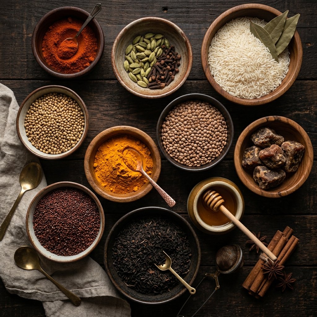 Indian spices, grains, and honey